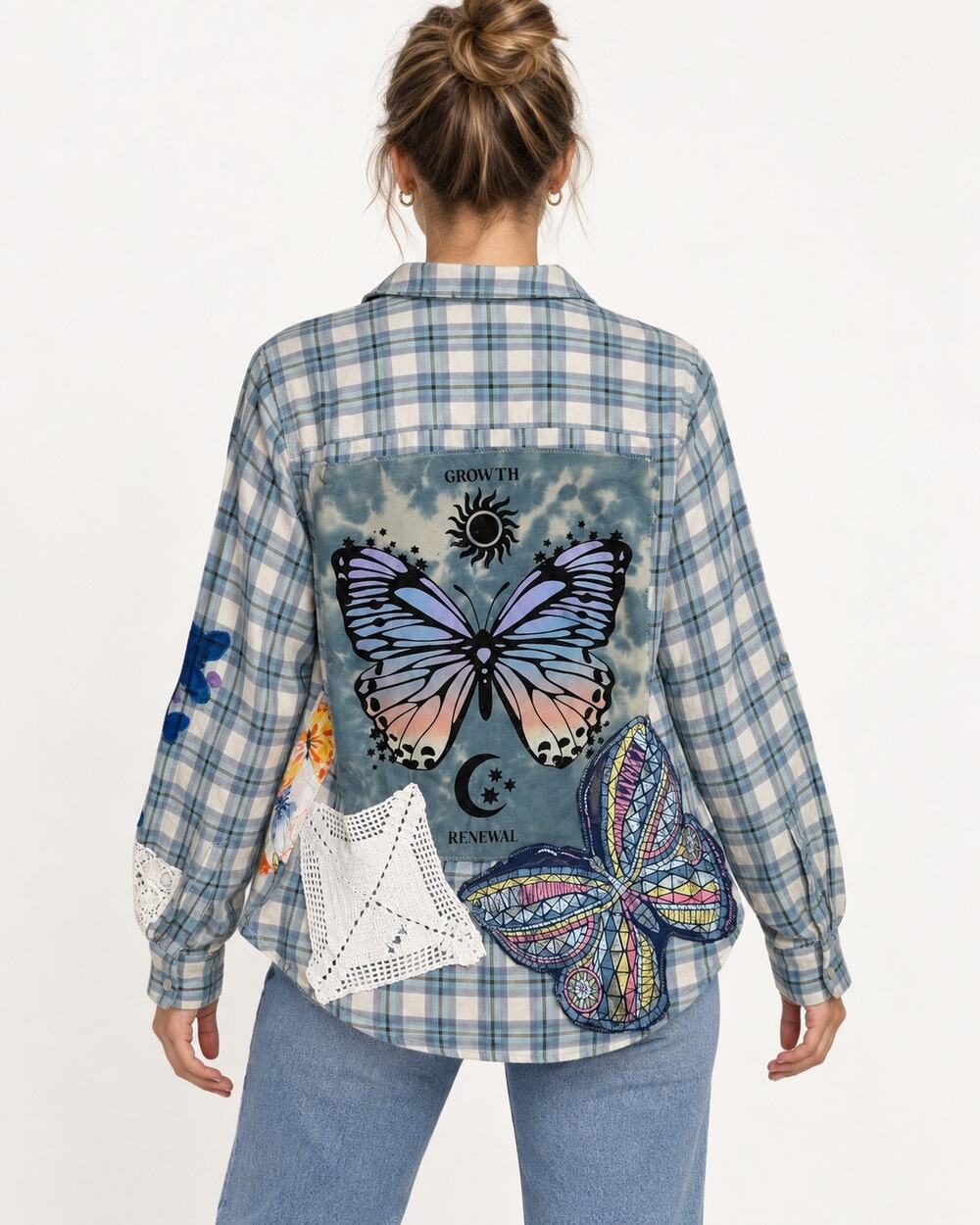 Upcycled Tommy Hilfiger Plaid Shirt Women’s Medium Butterfly Boho Patchwork blue